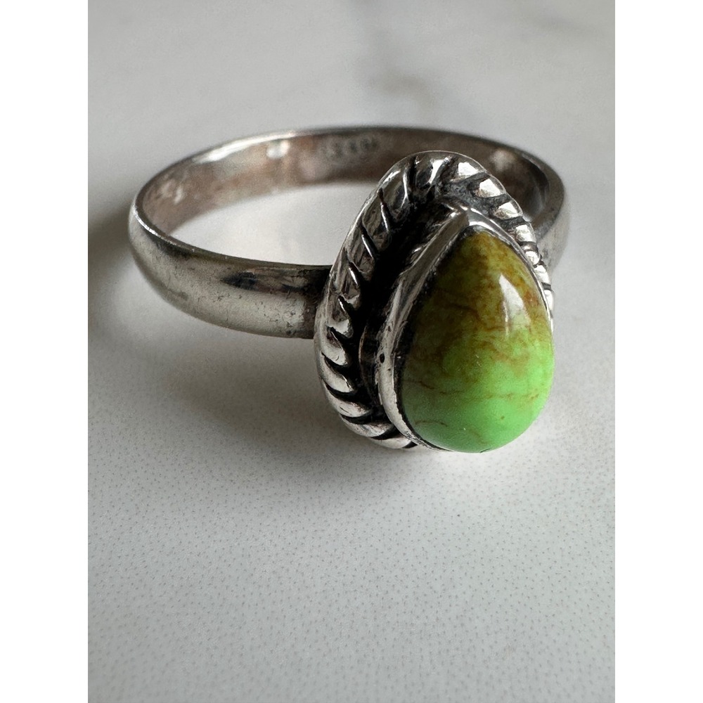 Vintage Sterling Silver 925 Green Turquoise Teardrop Rope Bezel Ring Size‎ 9